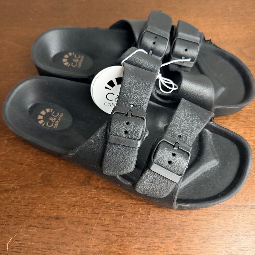 C&C California Black EVA Double Buckle Slide Sandals Adjustable Womens Sz 6